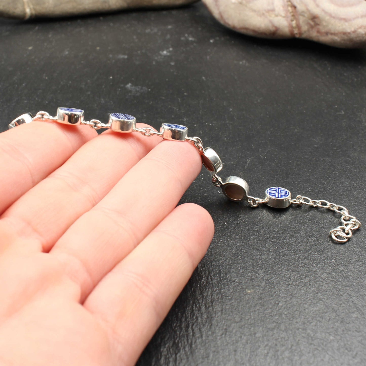 Englisches Porzellan "Old Willow" Silber Armband - Verstellbar