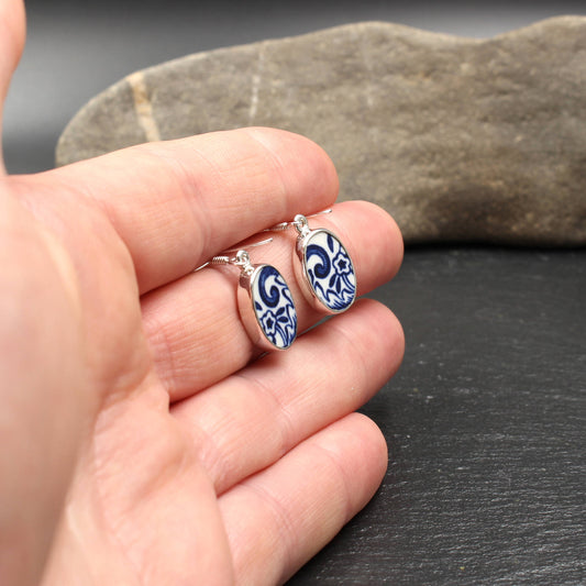 Englisches Porzellan "Old Willow" Oval Ohrringe