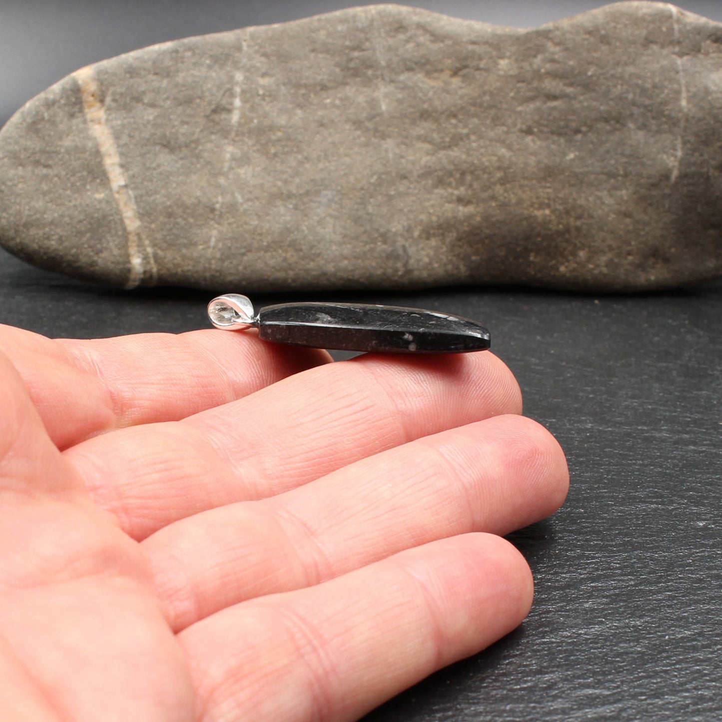 Orthoceras Fossilien in schwarzem Kalkstein Anhänger - Handarbeit