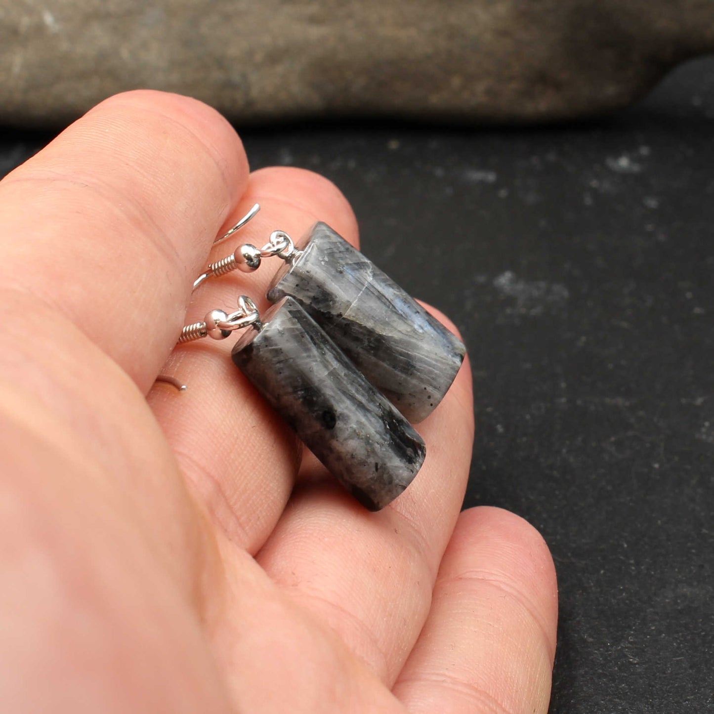 Larvikit / Blue Pearl Granit Anhänger & Ohrring Set - Handarbeit