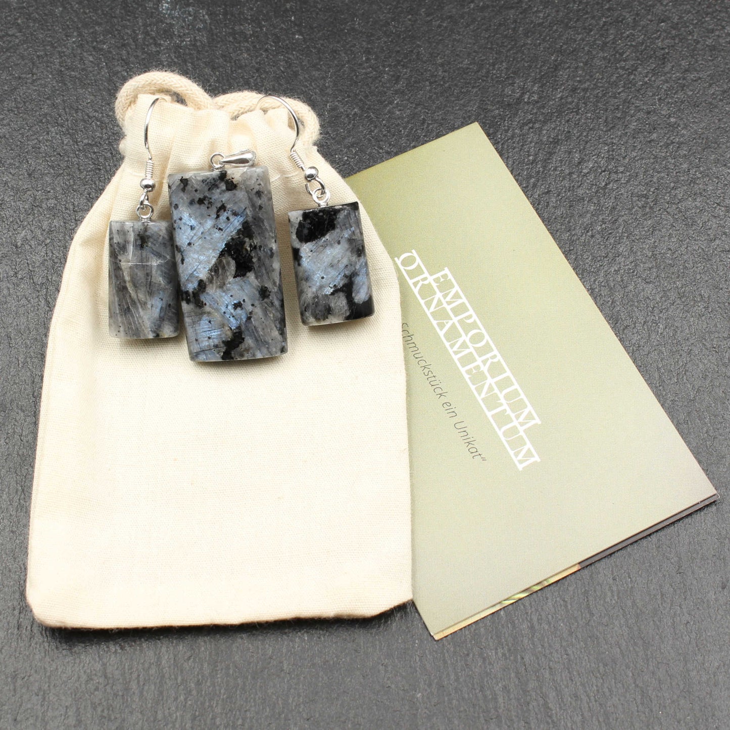 Larvikit / Blue Pearl Granit Anhänger & Ohrring Set - Handarbeit