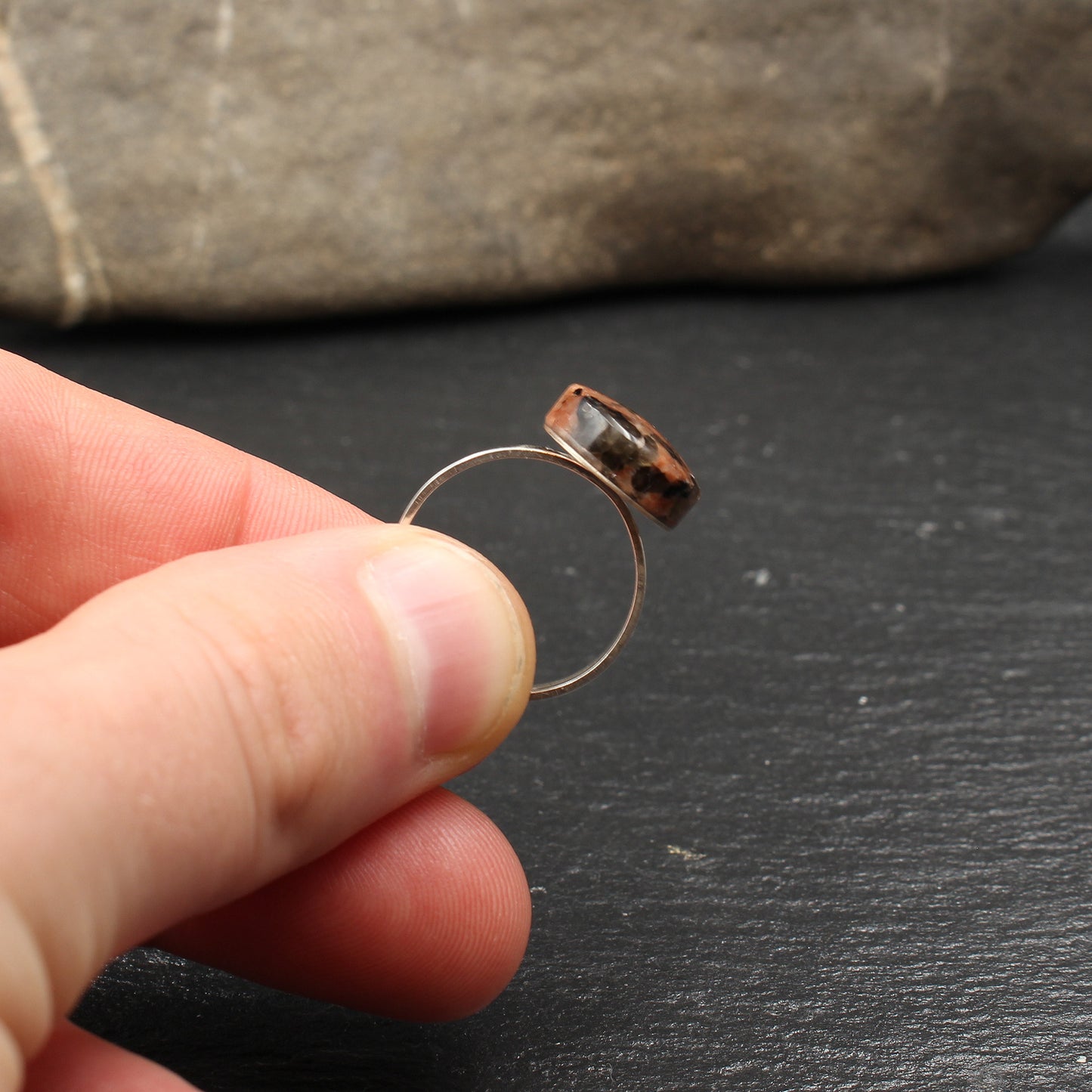 Red Granite Silver Ring (Adjustable) - Handmade in Germany
