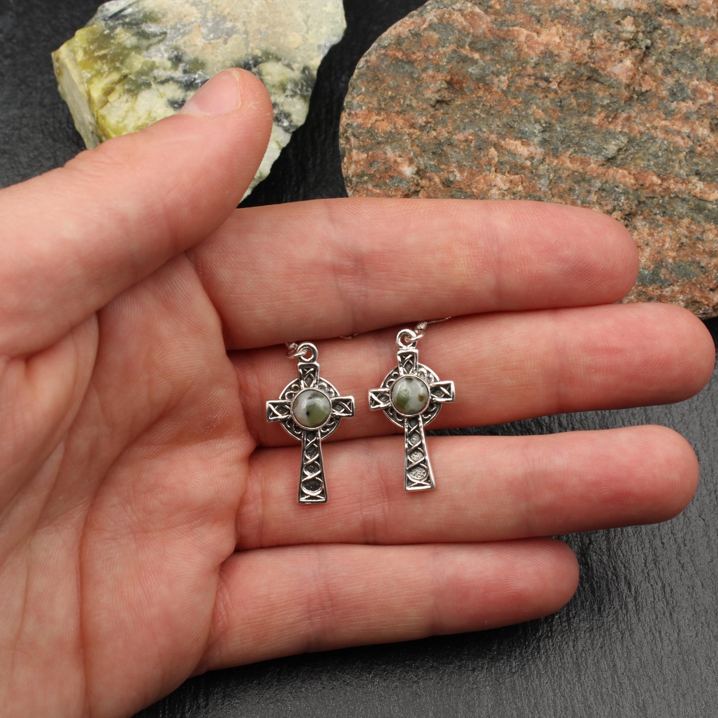 Iona Marmor Silber Ohrringe Keltisches Kreuz