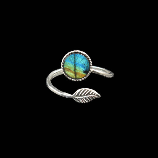 Finnish Spectrolite Leaf Sterling Silver Ring (Adjustable)