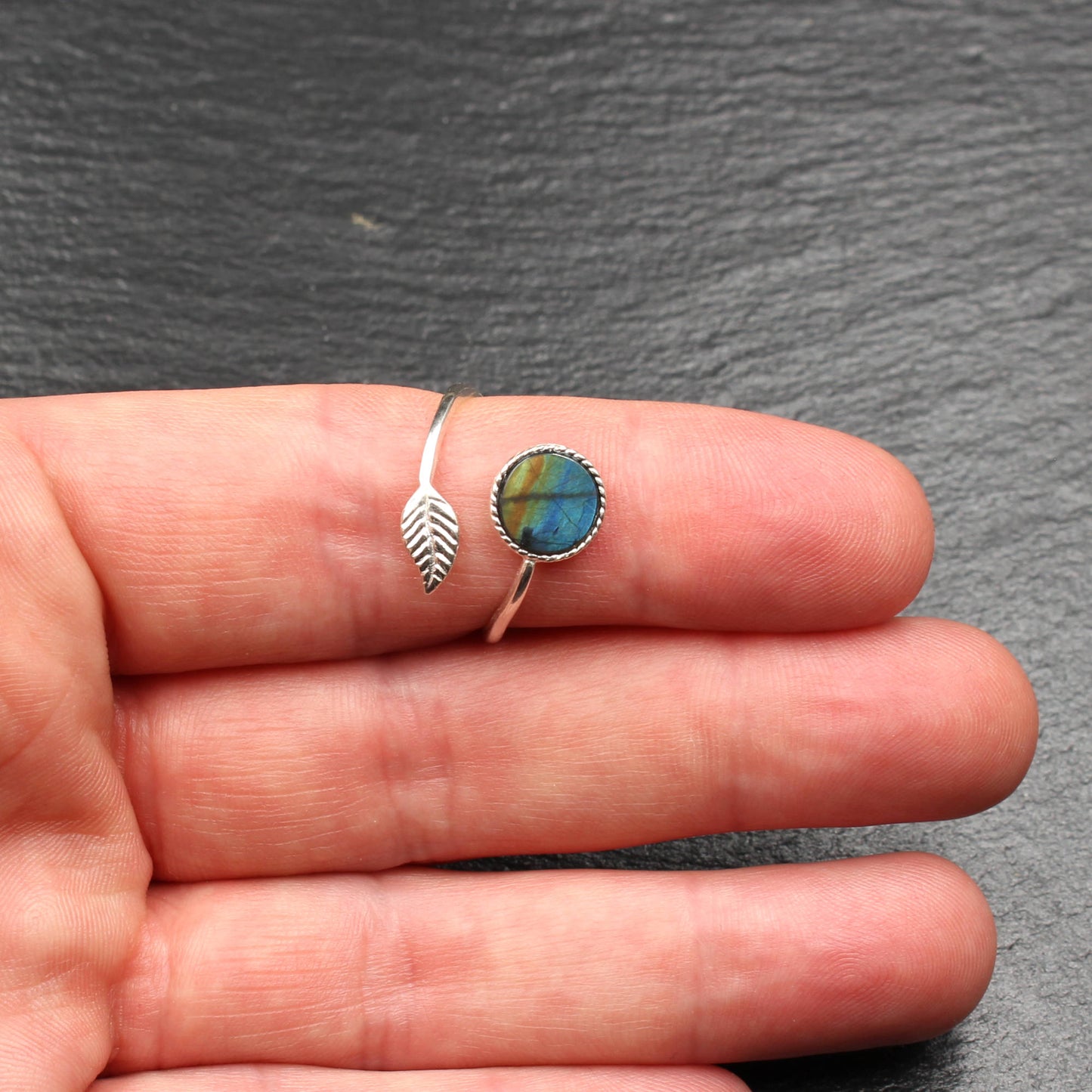 Finnish Spectrolite Leaf Sterling Silver Ring (Adjustable)
