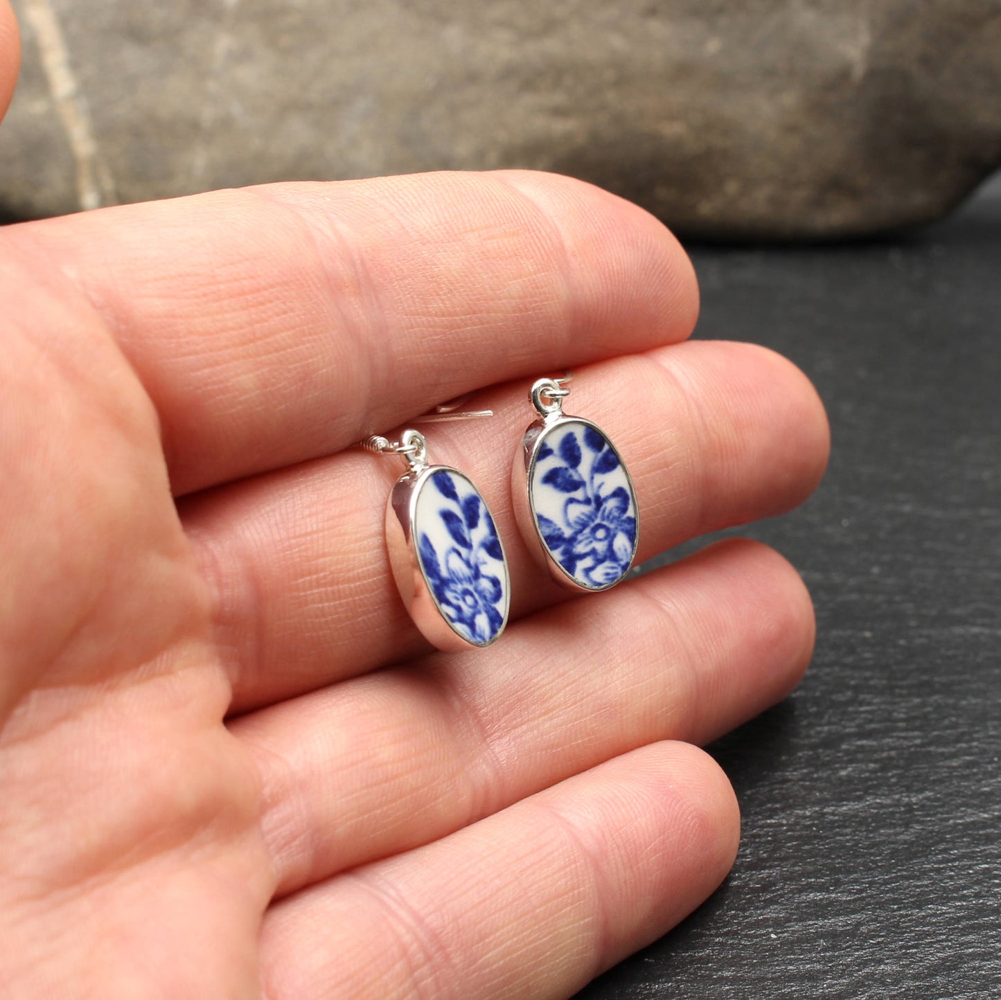 Englisches Porzellan "Old Willow" Oval Ohrringe