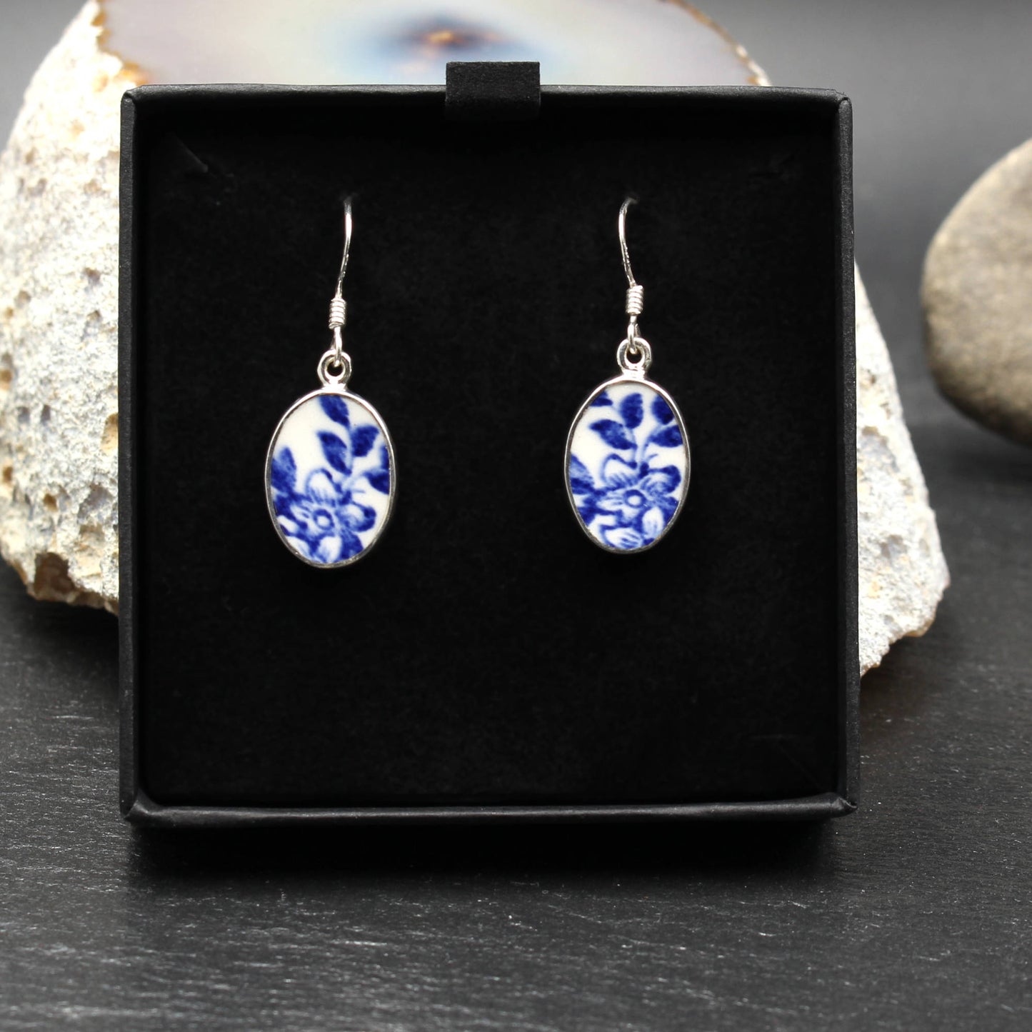 Englisches Porzellan "Old Willow" Oval Ohrringe