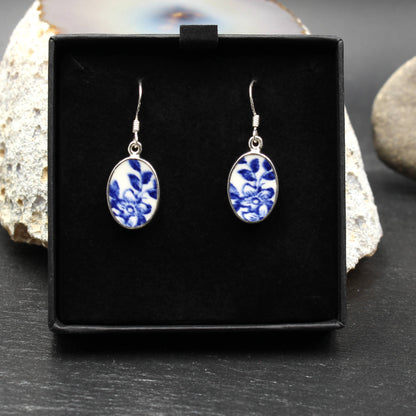 Englisches Porzellan "Old Willow" Oval Ohrringe