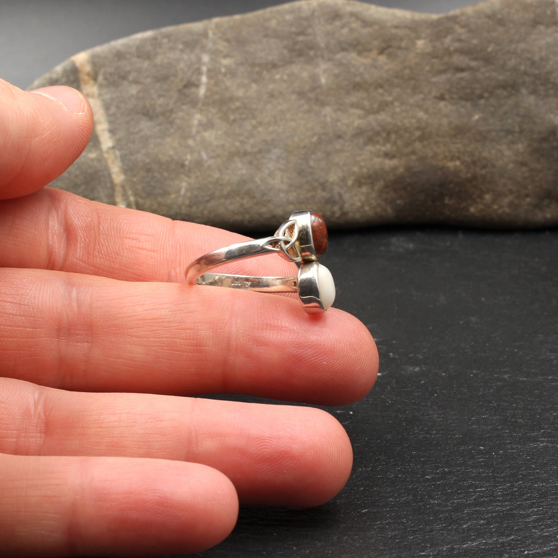 Doppelstein Ring keltisches Design  - Silber - Verstellbar