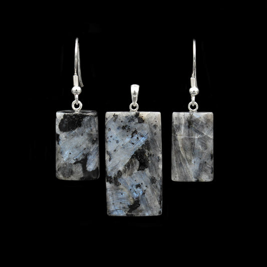 Larvikit / Blue Pearl Granit Anhänger & Ohrring Set - Handarbeit