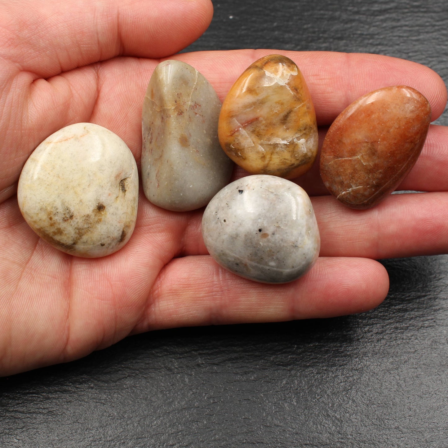 5x Große Rhein Quarz Trommelsteine - Polierte Rheinkiesel