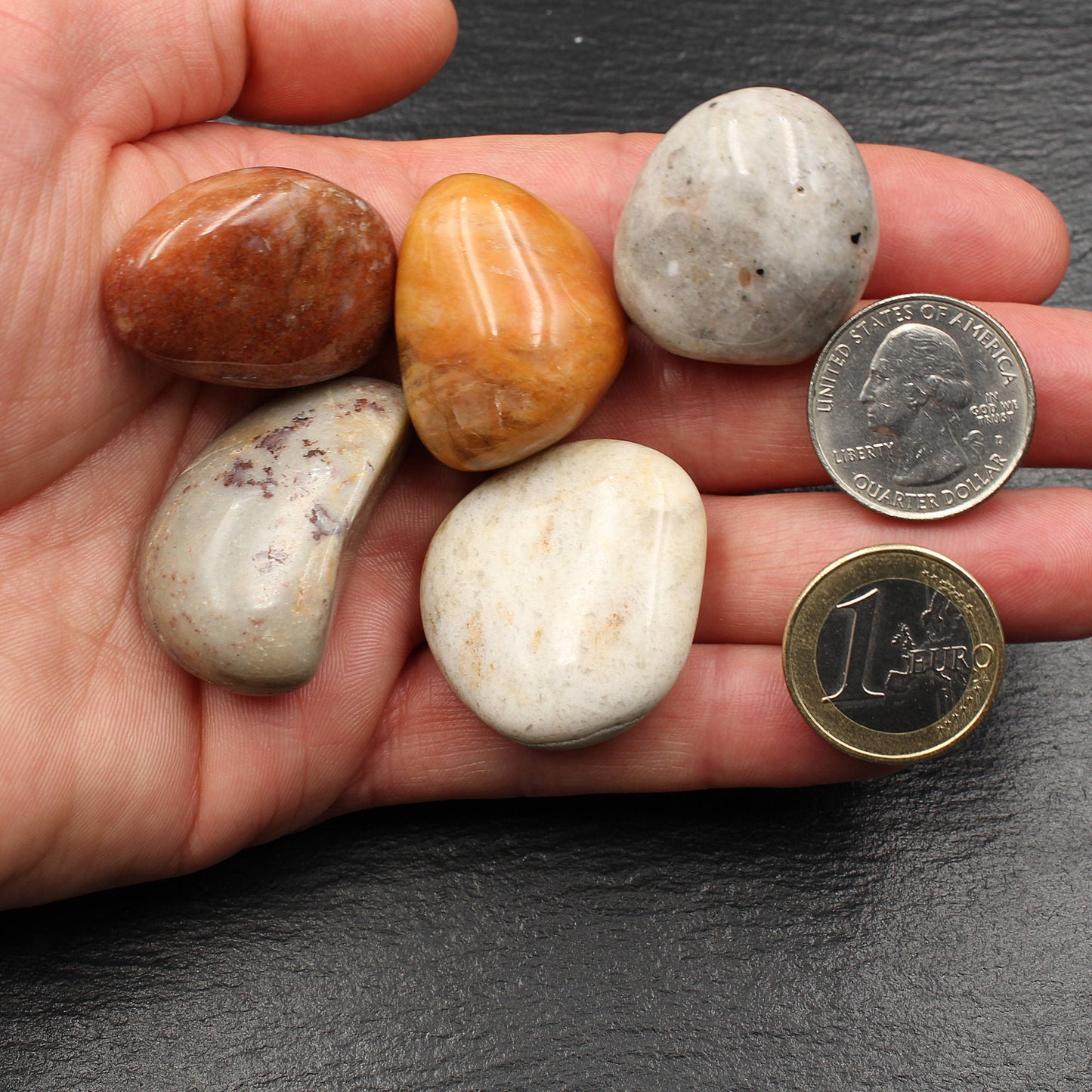 5x Große Rhein Quarz Trommelsteine - Polierte Rheinkiesel