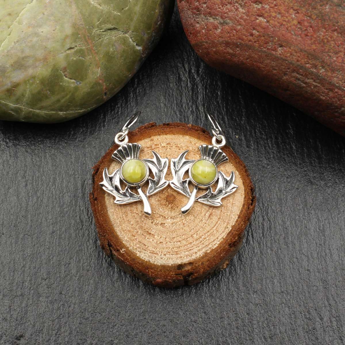 Highland Marble Thistle Earrings - 925 Silver, Scottish, cheapest Flower of Scotland, Alba, Natural Green, Drop Earrings, FREE SHIPPING ANYWHERE HE8