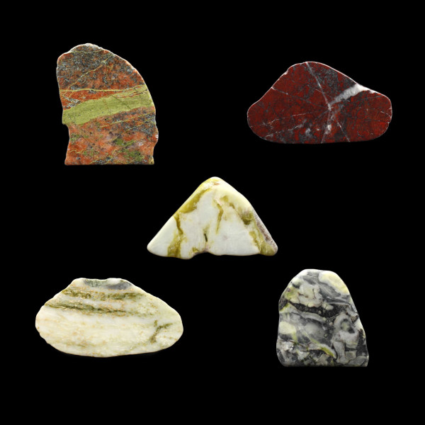 5x Schottische Polierte Scheiben - Highland Marmor, Skye Marmor, Iona Marmor, Lewisian Gneis & Jaspi